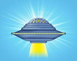 Spaceship alien UFO on a blue background of bright rays of light. Flying saucer with yellow lights in retro style. UFO vintage poster. Vector illustration.