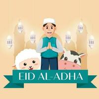 eid al adha mubarak illustration with cute cow, man, and sheep vector design