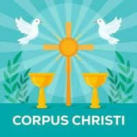 vector corpus christi illustration in flat design with cross, dove, and golden glass