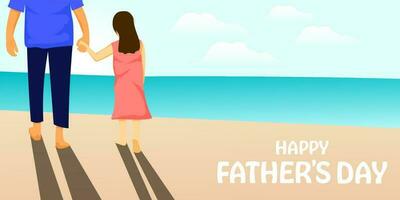 happy father's day horizontal banner with the father holding hands the daughter on beach vector