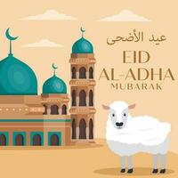 flat design eid al adha with mosque and sheep illustration vector