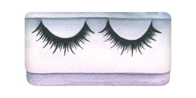 falsch Wimpern zum kleben und Erweiterungen, schwarz im ein Paket und Bündel auf ein Band. Aquarell Illustration, Hand gezeichnet. einstellen von isoliert Objekte. zum Schönheit Salons. png