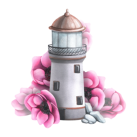 Sea lighthouse with pink anemone flowers. Watercolor illustration, hand drawn. Isolated composition. For stickers, prints, posters, postcards. png