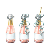 A opened bottles of pink champagne with a festive ribbon and a cocktail tube. Watercolor illustration. An isolated objects from a large set of HAPPY BIRTHDAY. For decoration and design. png