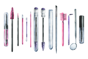 Various brushes, combs, applicators, a mirror, a cotton swab for makeup, lamination and eyelash extensions. Watercolor illustration, hand drawn. Set of isolated items png