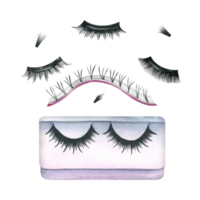 False eyelashes for sticking and extensions, black in a package and bundles on a tape. Watercolor illustration, hand drawn. Set of isolated objects. For beauty salons png