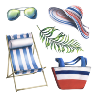 un conjunto de playa accesorios, sombreros, un bolsa, un cubierta silla, Gafas de sol y un palma rama. acuarela ilustración, mano dibujado. clipart aislado objetos. para verano. png