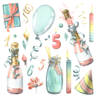 Festive set with blue gifts, pink champagne in bottles and glasses, balloons and confetti. Watercolor illustration, hand drawn. Isolated objects. Clip art png