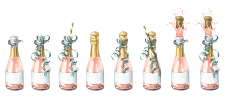 grande conjunto de abierto, cerrado y salpicado Rosa champán botellas, con festivo cintas y un paja. acuarela ilustración, mano dibujado. aislado objetos png