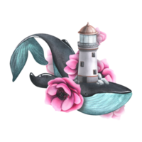 Large whale, lighthouse with pink anemone flowers. Watercolor illustration, hand drawn. Isolated composition. For posters, cards, stickers, prints, tattoos. png