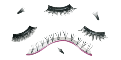 falso ciglia per attaccare e estensioni, nero nel un' pacchetto e gruppi su un' nastro. acquerello illustrazione, mano disegnato. impostato di isolato oggetti. per bellezza saloni. png