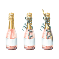 A closed bottles of pink champagne with a festive ribbon. Watercolor illustration. An isolated objects from a large set of HAPPY BIRTHDAY. For decoration and design. png