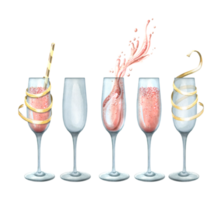 Glasses with pink champagne, empty with a ribbon and a cocktail tube. Watercolor illustration. Isolated objects from a large set of HAPPY BIRTHDAY. For decoration and design, composition png