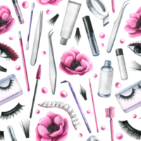 Cosmetics and brushes for eyes and eyebrows, tubes with pink anemone flowers. Watercolor illustration hand drawn. Seamless pattern. For eyelash extension and lamination. png