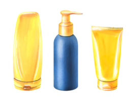 Tubes for sunscreen, yellow, blue. Watercolor illustration. Isolated objects from BEACH HOLIDAY collection. For design of summer any cosmetics, advertising, presentation. png
