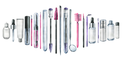 Various brushes, combs, applicators, a mirror, a cotton swab, bottles for makeup, lamination and eyelash extensions. Watercolor illustration, hand drawn. Set of isolated items png