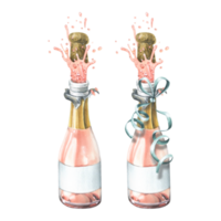 A bottles of pink champagne with a festive ribbon and a fountain, an explosion of champagne with a cork. Watercolor illustration. An isolated objects from a large set of HAPPY BIRTHDAY png