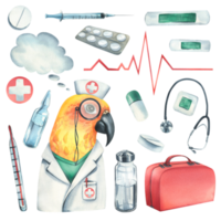 Parrot doctor in a dressing gown, glasses, with a stethoscope, a suitcase and medical instruments, pills, injections. Watercolor illustration, hand drawn. Set isolated png