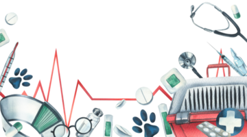 veterinär Utrustning. vattenfärg illustration. horisontell mall. för de design och dekoration av kliniker, sjukhus, första hjälpen inlägg, apotek för djur png