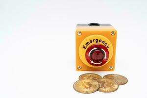 crypto currency price stop loss concept, big red pushing emergency stop button on white background. financial disaster and crisis protection when market price fall. photo