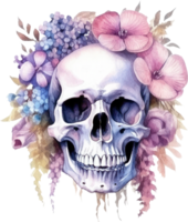 cráneo y flores acuarela ilustración. ai generado png