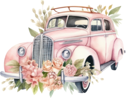 vintage carro Casamento aquarela. ai gerado png