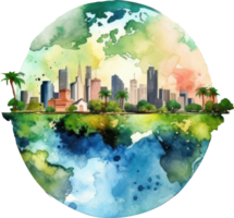 mundo e cidade meio Ambiente dia aquarela. ai gerado png