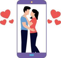A couple is romancing on a mobile phone. vector