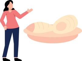 Girl looking at seafood in dish. vector