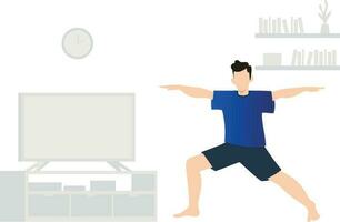 The boy is exercising at home. vector