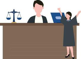 A female lawyer is standing in court talking to a judge. vector