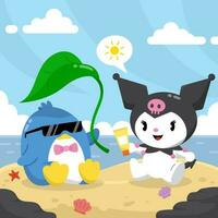 Bunny and a Penguin Playing on the Beach vector