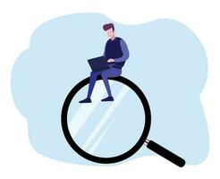 concept of searching for information on the internet. a man with a laptop is sitting on a large magnifying glass vector