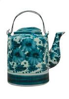 Old Chinese porcelain teapot, with green tea on white backgroung. Clipping path photo