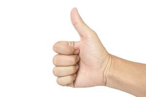 Closeup photo of male hand showing thumbs up sign isolated on white background. Clipping path