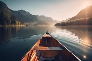 Canoe floating on a serene mountain lake surrounded by tall pine trees on a peaceful morning. photo
