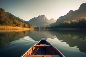 Canoe floating on a serene mountain lake surrounded by tall pine trees on a peaceful morning. photo