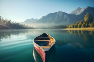 canoa flotante en un sereno montaña lago rodeado por alto pino arboles en un pacífico Mañana. ai generado foto