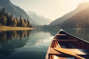 canoa flotante en un sereno montaña lago rodeado por alto pino arboles en un pacífico Mañana. ai generado foto