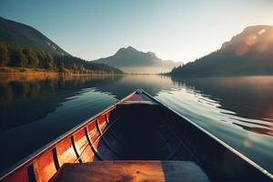 canoa flotante en un sereno montaña lago rodeado por alto pino arboles en un pacífico Mañana. ai generado foto