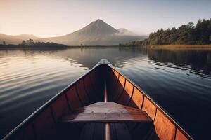 canoa flotante en un sereno montaña lago rodeado por alto pino arboles en un pacífico Mañana. ai generado foto