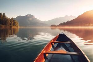 Canoe floating on a serene mountain lake surrounded by tall pine trees on a peaceful morning. photo