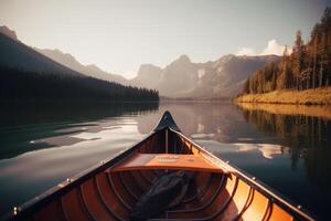canoa flotante en un sereno montaña lago rodeado por alto pino arboles en un pacífico Mañana. ai generado foto