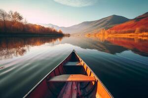 canoa flotante en un sereno montaña lago rodeado por alto pino arboles en un pacífico Mañana. ai generado foto