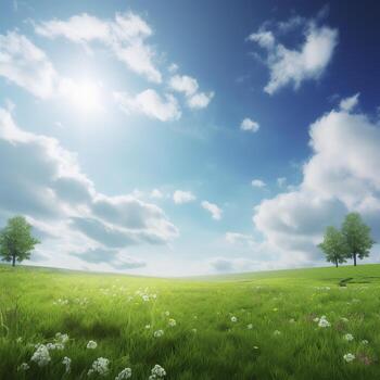 World Environment Day concept A clear sky, lovely clouds, and a meadow ,. photo