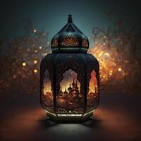 Unique intricate Oriental lantern with a stunning background of holiday lights and a mosque ,. photo