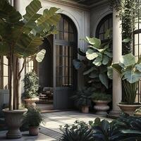There are several gorgeous, luxuriant indoor plants on the patio. The terrace's design and landscaping ,. photo