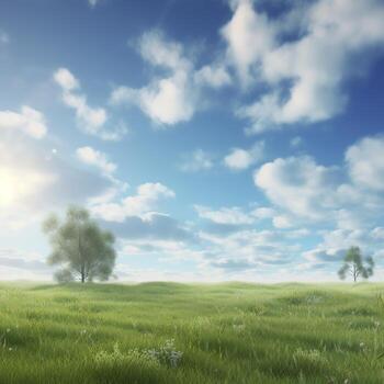 World Environment Day concept A clear sky, lovely clouds, and a meadow ,. photo