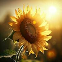 Sunflower with sunshine on background. AI photo