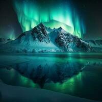 Polar lights on snowy mountain with a lake. AI photo